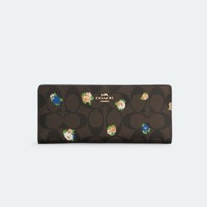 Coach Slim Wallet  Signature Canvas With Vintage Mini Rose Print